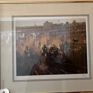 ALL ART ON WALLS IN BATHROOM INCLUDING 2 - FRAMED 18"X21" PRINTS (CHUCKWAGON RACE & WILD HORSE RACE), BARBED WIRE DECORATION & CLOCK