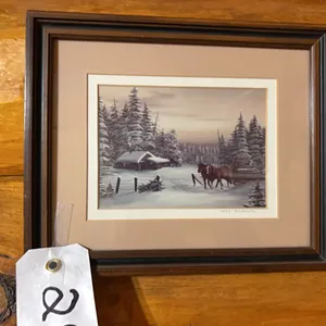 FRED BUCKWITZ 11"X 9 1/2" FRAMED PRINT, DART BOARD & A MARIE MOORE 22"X19" FRAMED PRINT