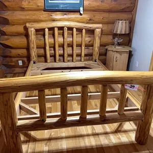 QUEEN SIZED RUSTIC LOG BED FRAME, NIGHT STAND & STADDLE LAMP