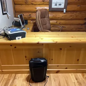 CORNER DESK, OFFICE CHAIR PLUS OLDER COMPUTER, MONITOR, 2 PRINTERS, LAMP, SHREDDER & CONTENTS