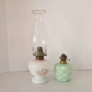 Vintage Currier & Ives Style Milk Glass Oil Lamp