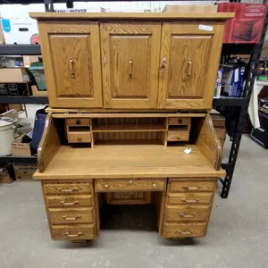 Oak Roll-Top Desk with Hutch, Oak Roll Top Multiple Drawers, Desk 69 x 50 x 26" Modern