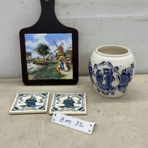 Delft Ceramic Tobacco Jar, Dutch Windmill Tile Trivet, and Holland America Coasters