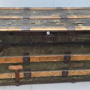 Vintage Wooden Trunk with Metal Accents and Worn Interior