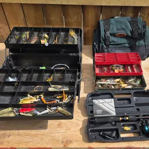 Fishing Tackle Set with Rod, Reels, Tackle Boxes, and Cabelas Bag