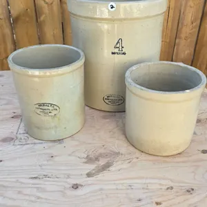 Medalta 4-Gallon and Two 1-Gallon Stoneware Crocks