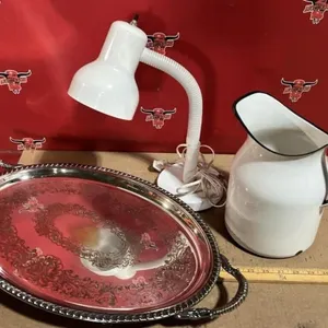 Enamel Pitcher, EP Platter, and Light