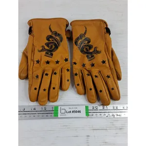 Pair of Gold Leather Triumph Spark Motorcycle Gloves Featuring Black Snake/Star Motifs