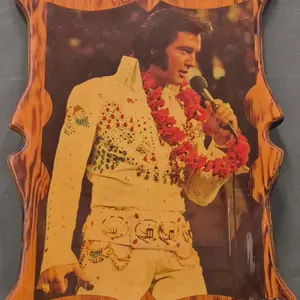 Vintage Elvis Presley Lacquered Wooden Plaque : Aloha From Hawaii (c. 1973) (Measures : 23"H x 17"W)