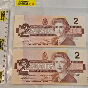 Canada $2 Bills 1986 (2): - Thiessen/Crow #BUU4768877 - Thiessen/Crow #EGG6176936