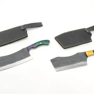 Damascus Cleavers with leather sheaths