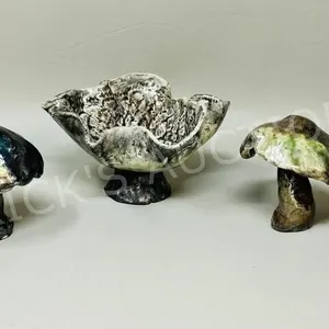 3 pcs glazed pottery - 2 mushrooms & small bowl