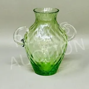 vintage double handle green glass vase - 6" tall
