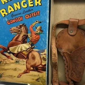 Vintage Red Ranger Cowboy Outfit Tin toy gun & box
