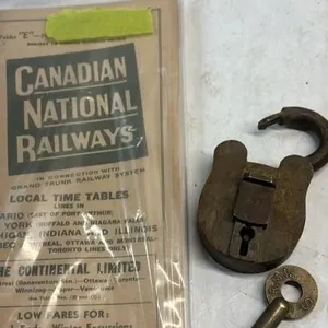 Antique Brass Lock & Key & CNR Timetable Lot