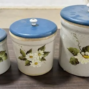 3 Various Sized Small Crocks w/ Wood Lids