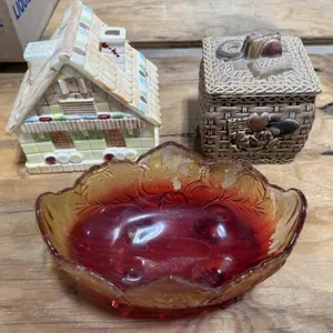 Amberina Colored Footed Fruit Bowl, 2 Cookie Jars