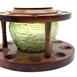 Green Glass Humidor Jar on Wood Pipe Stand 9” x