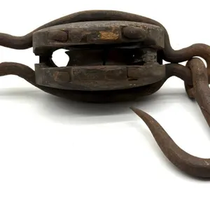 Primitive Wood and Metal Block and Tackle 17”