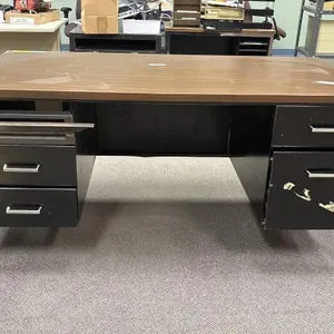 Metal Desk With Wooden Top Has Filing Cabinets on