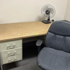 Wooden & Metal Desk, Fan and Desk Chair 
60 in x