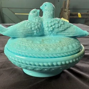 Pair of doves - blue milk glass covered dish