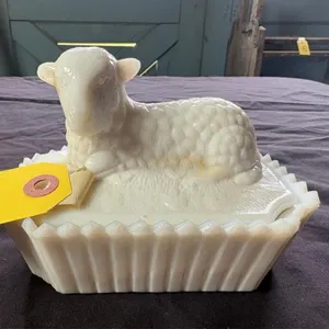 Lamb - milk glass covered dish