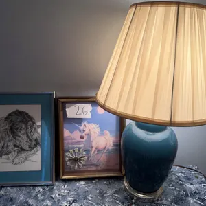 Blue Table Lamp and Framed Art