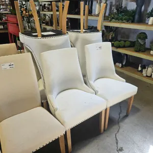 (6) Upholstered Dining Chairs, Cream Fabric, Nailhead Trim, Wood Legs