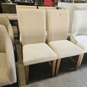(4) Upholstered Parsons Dining Chairs, Beige Fabric, Nailhead Trim, Wood Legs