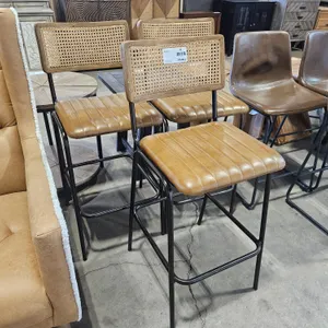 (3) Mid-Century Modern Cane Back Bar Stools, Tan Faux Leather, Metal Base