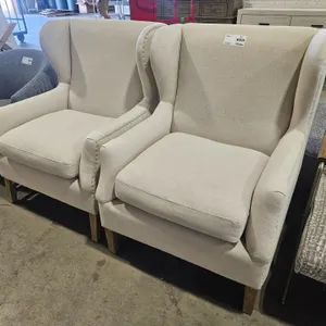 (2) Upholstered Wingback Armchairs, Beige Fabric, Wood Legs