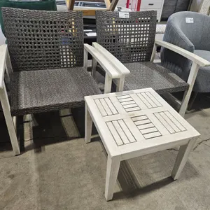 (2) Wicker Armchairs With Slatted Wood Side Table