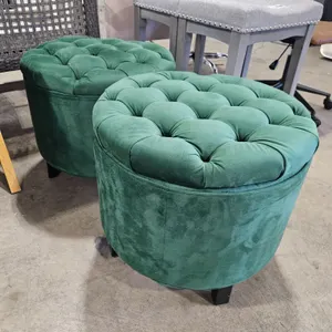 (2) Green Tufted Round Storage Ottomans