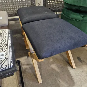 X Stool Ottoman Chair, Black Fabric, Wood Legs