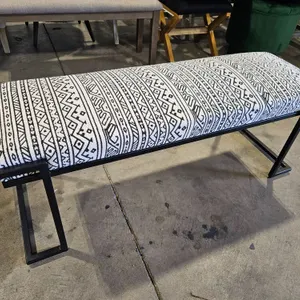 Upholstered Metal Frame Bench With Black And White Geometric Pattern, 47” x 16”