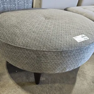 Round Upholstered Fabric Ottoman, Patterned, Tapered Wooden Legs, 40”
