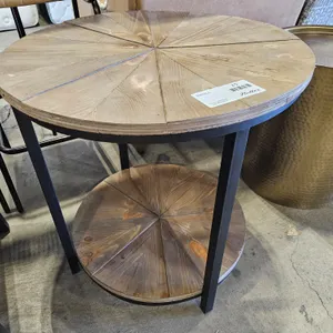 Round Wood and Metal Side Table with Lower Shelf, 24”