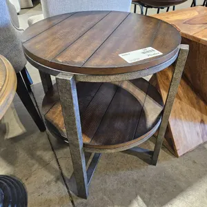 Round Wood and Metal Side Table with Lower Shelf, 28”