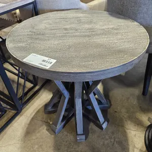 Round Wood Side Table With Geometric Base, 24”