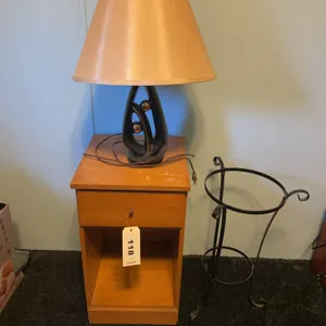 Wood lamp stand, lamp with shade, metal pot holder