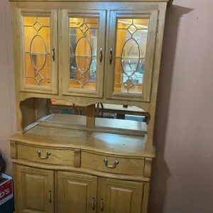 Wood, China hutch, lead bead windows, mirror backdrop, 78 inches tall, 48 inches wide 18 inches deep, built in lights