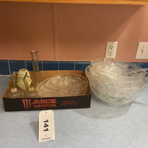 Plastic punch bowls, plastic, relish, trays, glass, vase, candle holder