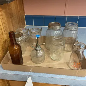 Primitive oriental brown glass bottle, ball jars, Driggs dairy farms, half pint bottle