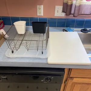Dishes, drying rack, wash tray and poly cutting board