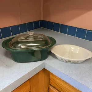 Large roasting pot with glass lid, Glasbake two compartment dish