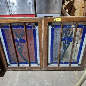2 Wood Framed Stained Glass Window Sashes, 22"x29.5"