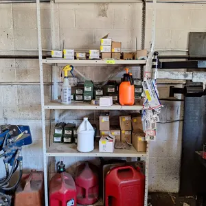 5-Tier Metal Shelf with Contents, Wheel Weights, Gas Cans, and More, 36"x18"x85"
