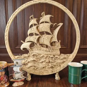Decorative Nautical Lot with Resin Ship Plaque, Model Sailboat, Stein, and Coffee Mugs