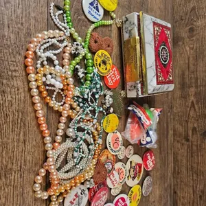 Beaded Costume Jewelry and Pinback Buttons with Decorative Tin